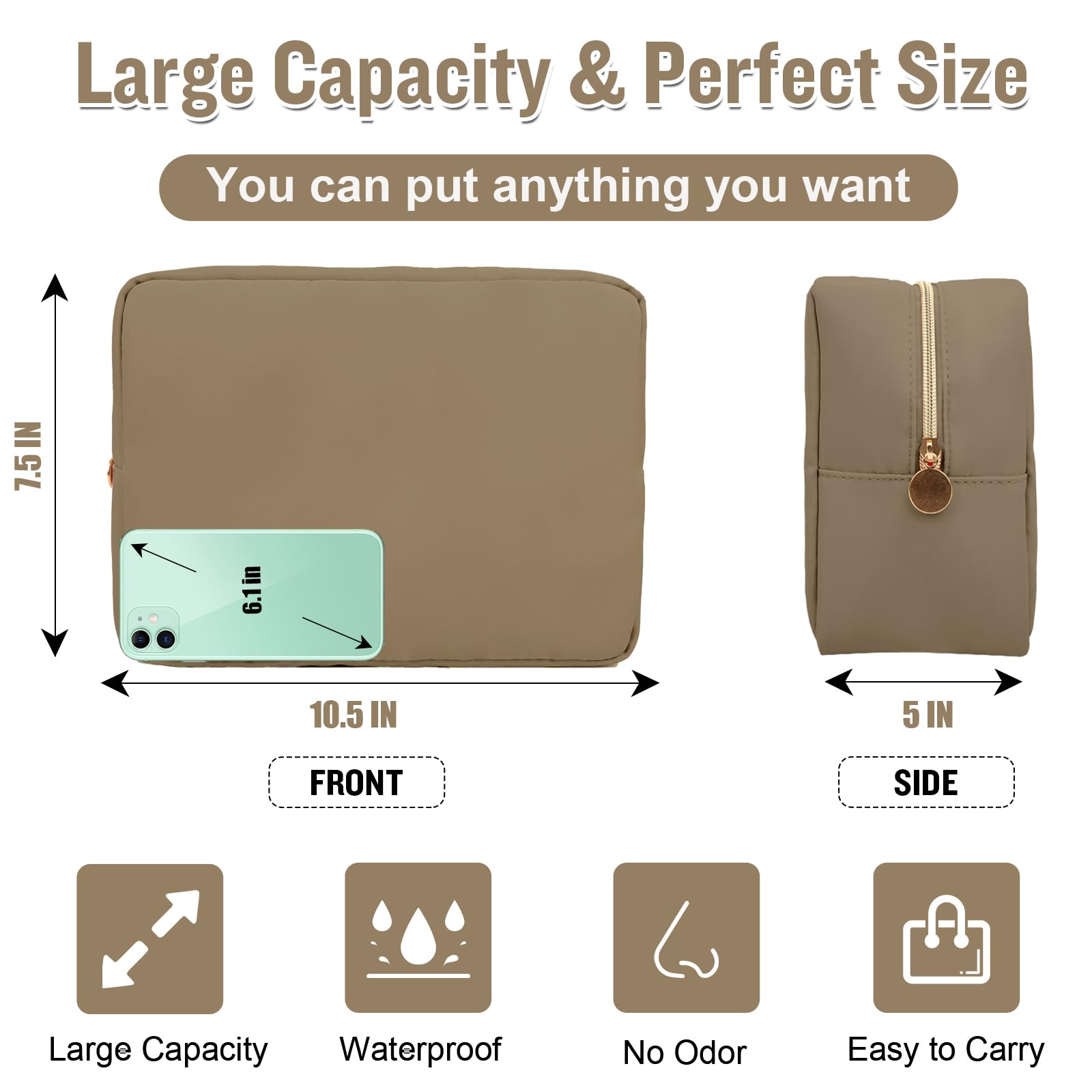 Nylon Large Makeup Bag Travel Pouch for Women, Preppy Big Makeup Bag Cute Cosmetic Zipper Pouch Purse, DIY Chenille Letter Bag Waterproof Toiletry Bag Clutch Make Up Organizer for Women Girls(Khaki)