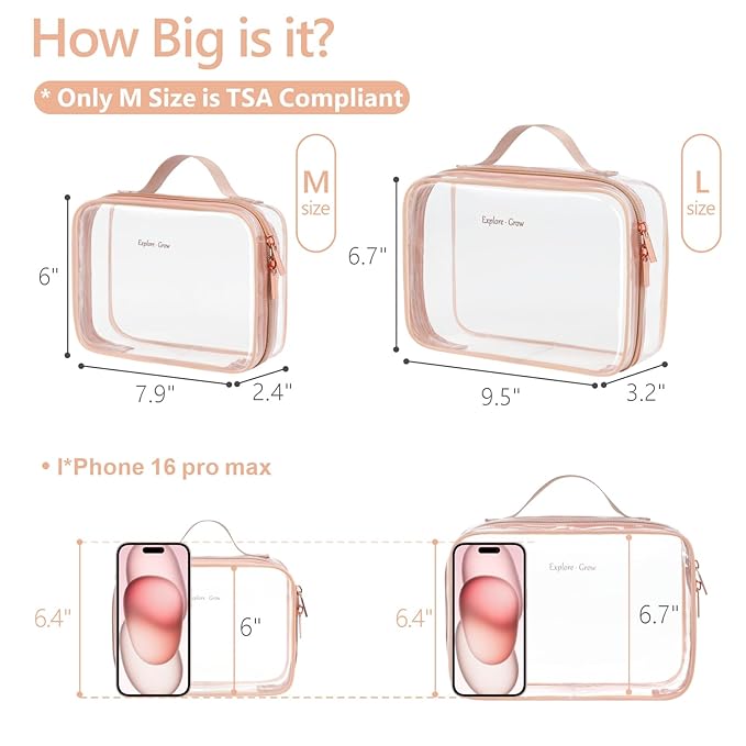 PACKISM Clear Makeup Bag Travel - TSA Approved Toiletry Bag, 2 Rose Pink