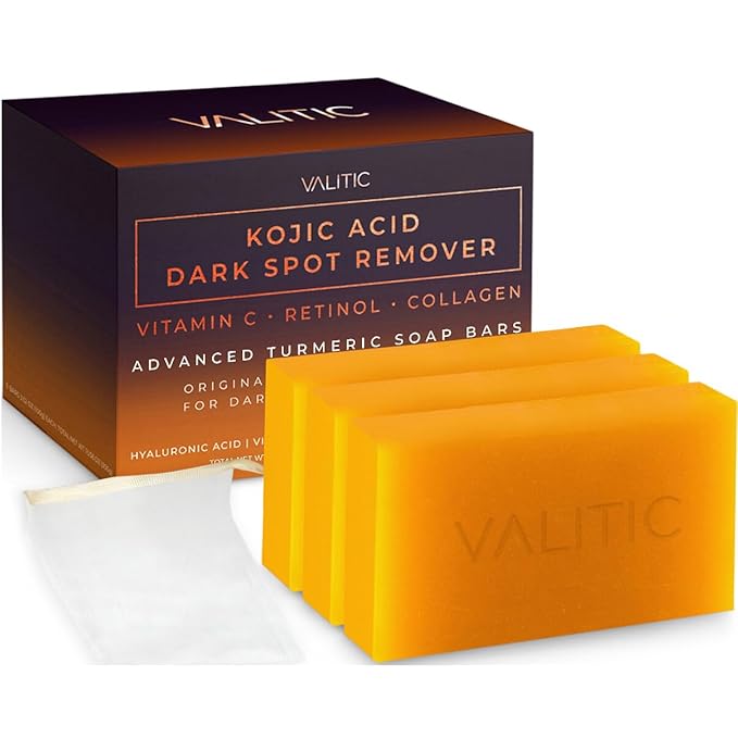 VALITIC Kojic Acid Dark Spot Corrector Soap Bars with Vitamin C, Retinol, Collagen, Turmeric - Original Japanese Complex - Hyaluronic Acid, Vitamin E, Shea Butter, Castile Olive Oil - 3 Pack With Bag