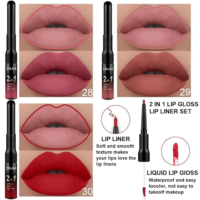 evpct 3Pcs Mauve Neutral Light Rosey Nude Blue Red Matte Liquid Lipstick and Lip Liner Stain Sets for Women, Long Lasting 24 Hours Matte Lipstick labiales larga duracion 24 mate originales