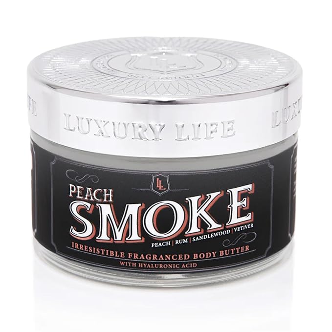 LUXURY LIFE BUTTER - 40% Extrait de Parfum Fragranced Body Butter with Hyaluronic Acid for Ultimate Moisture - Luxurious Room-Filling Natural Fragrances - Non-Greasy, USA Made, Peach Smoke, 5 oz