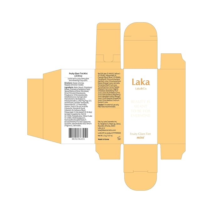 Laka Fruity Glam Lip Tint Mini, 1.9g/0.07oz, Glowing Lip Stain with Wide Color Spectrum, Hydrating & Lightweight Texture, Long-Lasting Bold Stain, Non-Sticky, Vegan, K-Beauty (#115 Envy)