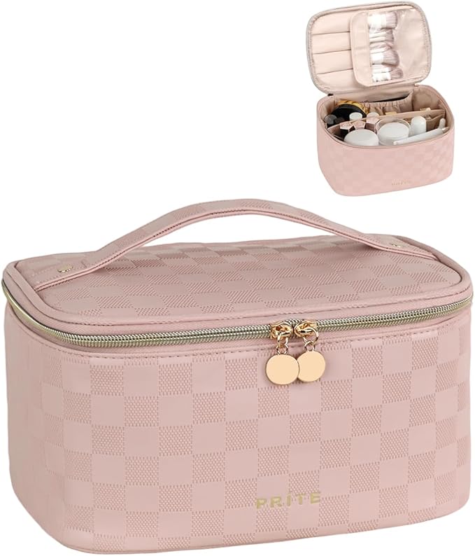 Prite Makeup Bag Travel Cosmetic Case, Women Toiletry bag, Checkered Pink