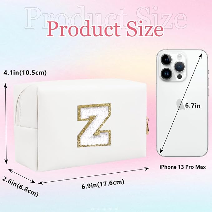 HENGNI Small Personalized Letter Makeup Bag, Cute PU Leather Chenille Letters Cosmetic Bag Travel Makeup Pouch, Preppy Travel Organizer Zipper Pouch for Women&Girls（White-Z）