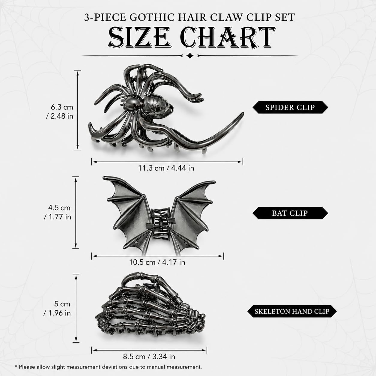 Parcce 3 PCS Gothic Hair Claw Clips for Women, Metallic Black Bat Spider Skeleton Hand Hair Clips, Strong Hold Halloween Hair Accessories for Thick Thin Hair, Costume Party Everyday Styling Gifts