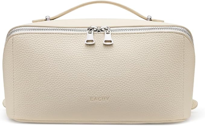 EACHY Travel Makeup Bag, Lychee Leather Large Capacity Cosmetic Bag for Women, Open Flat Toiletry Bag with TPU Brush Compartment, Waterproof Skincare Organizer Travel Essentials