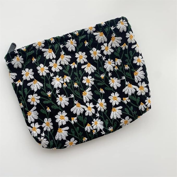 Flat Makeup Bag for Women,Zipper Cosmetic Pouch for Purse,Daisy Black