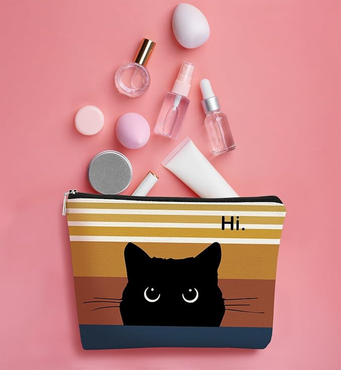 BARPERY Cute Cat Makeup Bag, Black Cat Kitty Cosmetic Pouch, Sunset Color