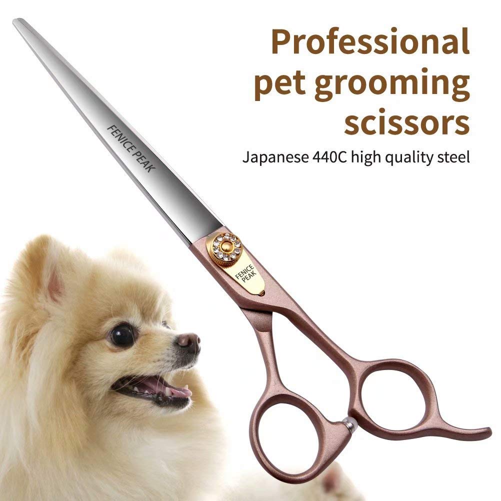 Fenice Peak 8'' Dog Straight Scissors for Grooming 440C Stainless Steel Rose Gold Professional Pet Trimming Scissors Sharp Blades Cutting for Dogs and Cats Shears