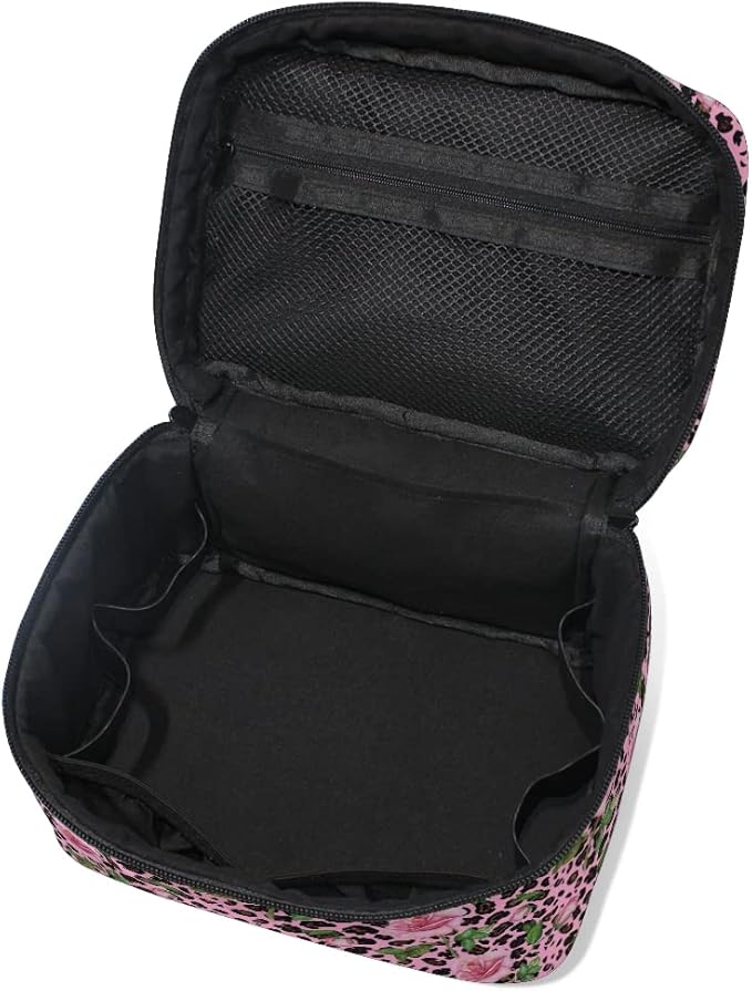 MNSRUU Makeup Bag, Roses On Pink Leopard Travel Makeup Organizer Bag Cosmetic Cases Toiletry Bags for Girl Women Ladies