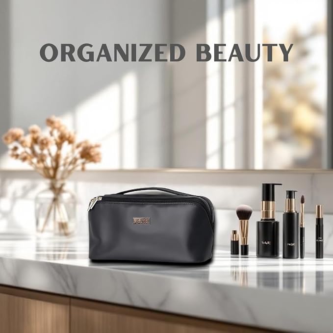 NAORI Travel Makeup Bag for Women | Large Luxury Cosmetic Organizer with Handle & Inner Pockets | Waterproof Faux Leather Toiletry Bag | Makeup Case for Home, Travel & Gifting (Elegant Black)