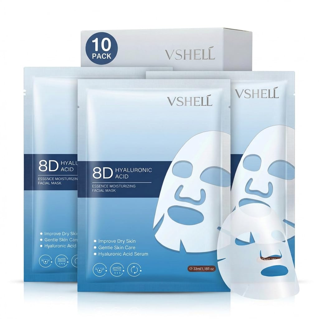 VSHELL Hyaluronic Acid Face Sheet Mask – Hydrating & Plumping Facial Mask for Dry Skin – Deep Moisturizing Skincare for Radiant Glass Skin Glow – Daily Use – 10 Pack