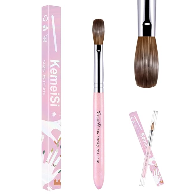 KEMEISI Acrylic Nail Brush Size #16, 100% Pure Kolinsky Nail Art Brushes for Acrylic Application, Sturdy Starry Handle Oval Shaped Nail Design Tools for Professional Manicure DIY, Pink