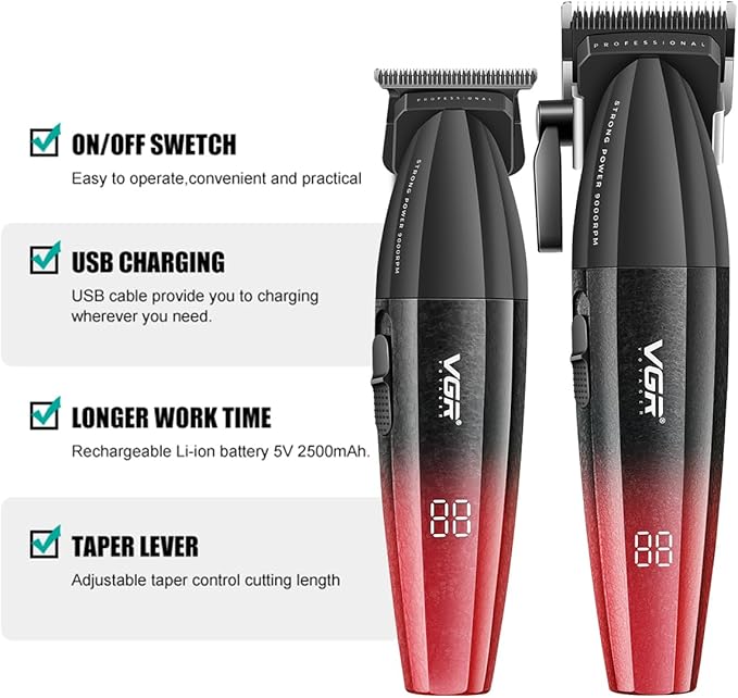 VGR 640 Professional Hair Clippers for Men with Clipper Trimmer Set, Red