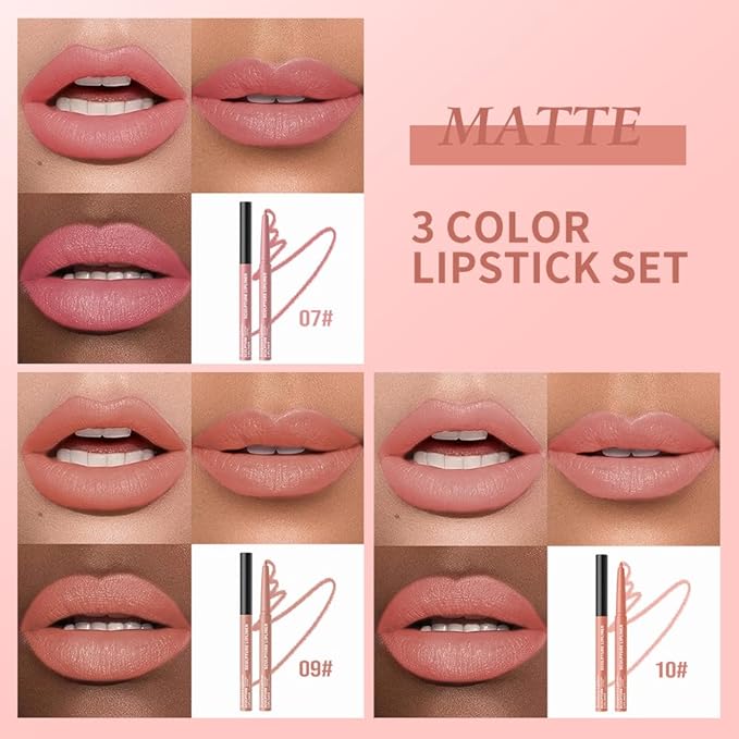 Hxssll 12 Colors Matte Lip Liner Pencil – Long Lasting Waterproof Lip Liner, Smudge Proof Transfer Proof Lip Pencil, High Pigment Lip Makeup for Defining & Filling Lips (A4-set:07+09+10, 3PCS)