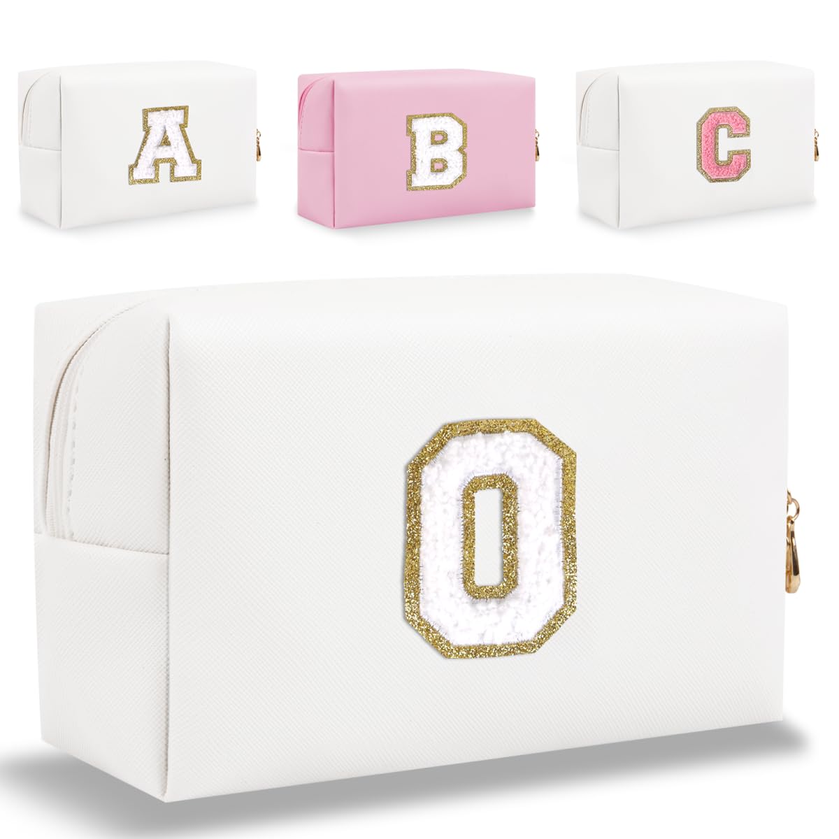 Small Personalized Letter Makeup Bag, Cute PU Leather Chenille Letters Cosmetic Bag Travel Makeup Pouch, Preppy Travel Organizer Zipper Pouch for Women&Girls（White-O）