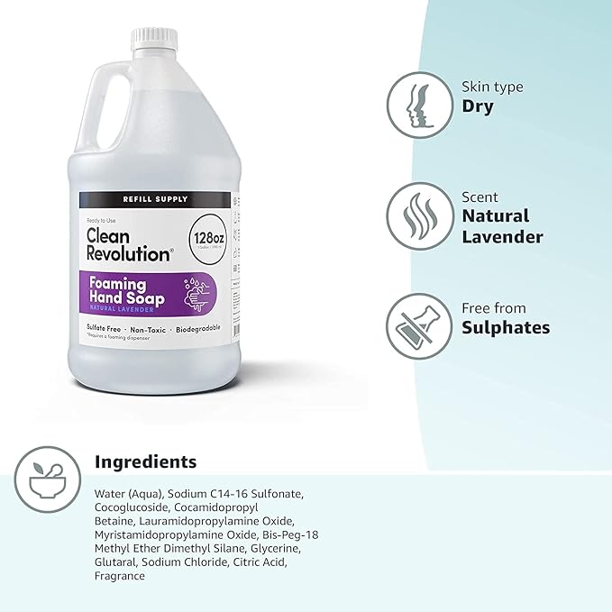 Clean Revolution Foaming Hand Soap Refill with Real Essential Oils, Moisturizing Sulfate-Free Hand Soap, Ready-to-Use Foam Soap Refill for Kitchen & Bathroom (Natural Lavender, 128oz)