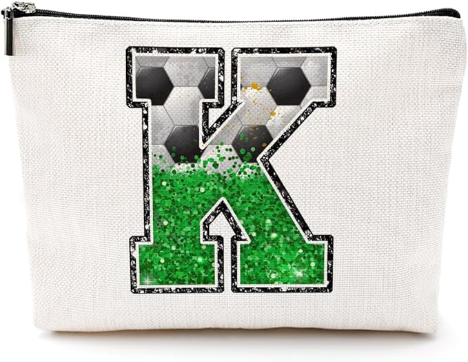 CQM Soccer Gifts Initial Makeup Bag Soccer Girl Gifts Cosmetic Bag Letter K