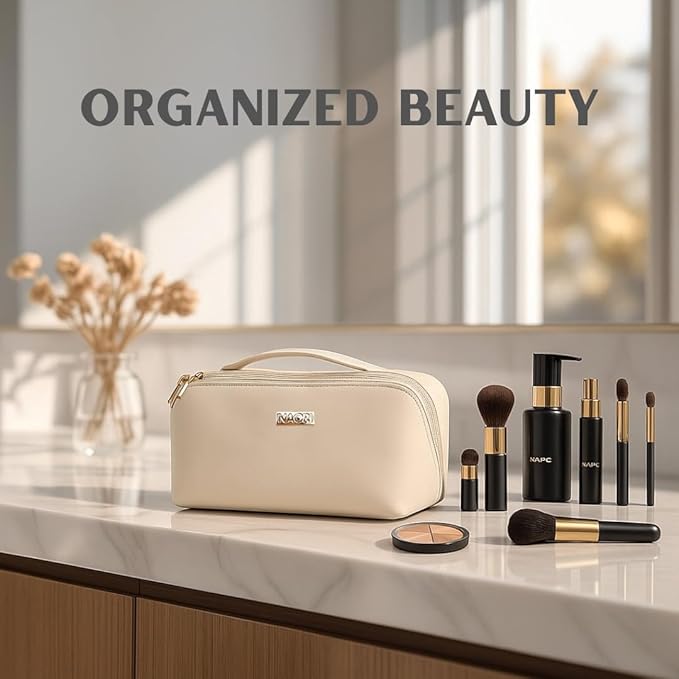 NAORI Travel Makeup Bag for Women | Large Luxury Cosmetic Organizer with Handle & Inner Pockets | Waterproof Faux Leather Toiletry Bag | Makeup Case for Home, Travel & Gifting (Creamy Beige)