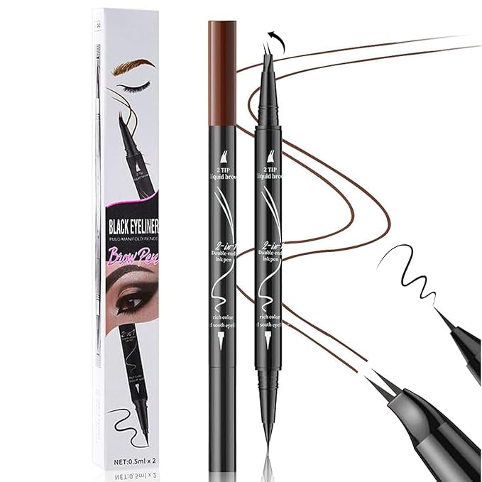 Curved 2 Tip Eyebrow Pen-Light Brown Eyebrow Pencil With Black Eyeliner 2-in-1 Dual-Ended Create Natural Hair-Like Brows,Waterproof.Smudge Proof,Long Lasting All-Day