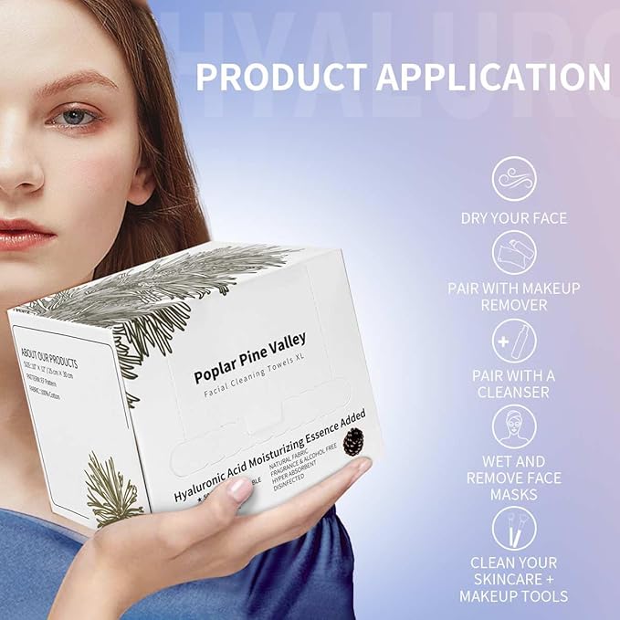 Poplar Pine Valley, Clean Towels XL for Face, Makeup Remover Dry Wipes, Hyaluronic Acid, Cleansing and Moisturizing, Skincare Towels, Cotton, Thick Soft, Travel, 50 Ct, 1 Pack, White