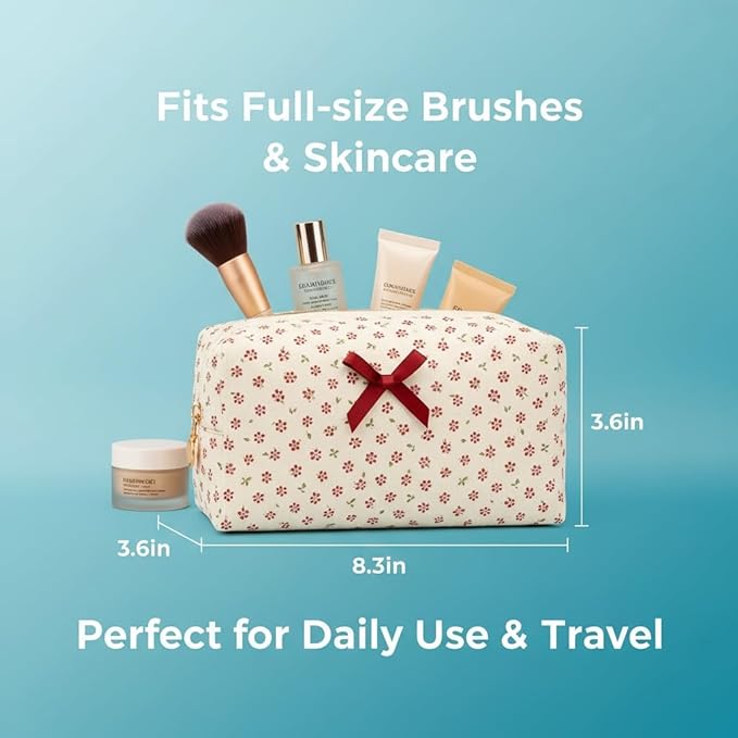OIMEI Floral Quilted Pouch Cotton Makeup Bag for Women, Large Capacity Travel Cosmetic Pouch with Zipper, Cute Toiletry & Brush Organizer, Kawaii Makeup Storage Case – Red Floral