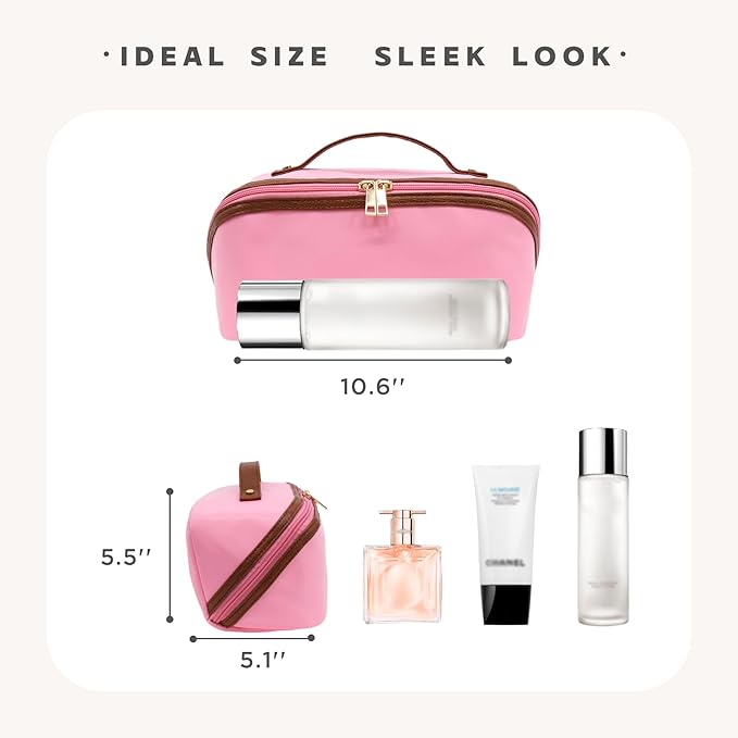 JINYIBAGS Travel Makeup Bag – Large Cosmetic Organizer with Waterproof Nylon, Smooth Double Zipper & Tear-Resistant Lining, Toiletry Pouch for Women (Pink)