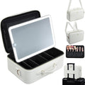 Faquenc Large Makeup Bag with LED Mirror,15”Cosmetic Train Case for Makeup Artists,Travel Makeup Organizer Case w Divider Rechargeable Vanity Mirror with 3 Color Lights for Barber,MUA,Nail Tech, Beige