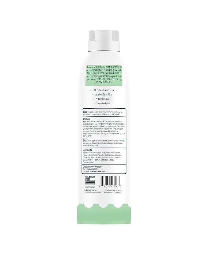 Florida Squeezed Aloe After Sun Spray, Cooling Aloe Vera Mist for Sun-Exposed Skin, Vitamin Enriched Hydrating & Soothing Moisturizer, Lightweight Non-Greasy Formula