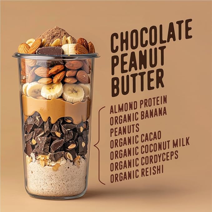 FlavCity Vegan Almond Protein Shake Powder, Chocolate Peanut Butter + Reishi & Cordyceps Mushrooms - Focus, Skin, Hair & Joint Support - All in One Smoothie for On-the Go, 20 Servings