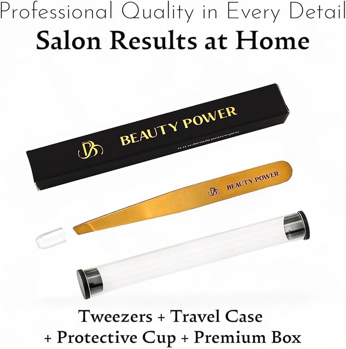 Beauty Power Tweezers for Women Facial Hair: Ultra Precision Tweezers for Women & Men, Sharp Slant Tweezer for Eyebrows, Ingrown Hair Removal. Professional Plucker + Case, German Stainless Steel Gold