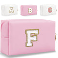 Small Personalized Letter Makeup Bag, Cute PU Leather Chenille Letters Cosmetic Bag Travel Makeup Pouch, Preppy Travel Organizer Zipper Pouch for Women&Girls（Pink-F）