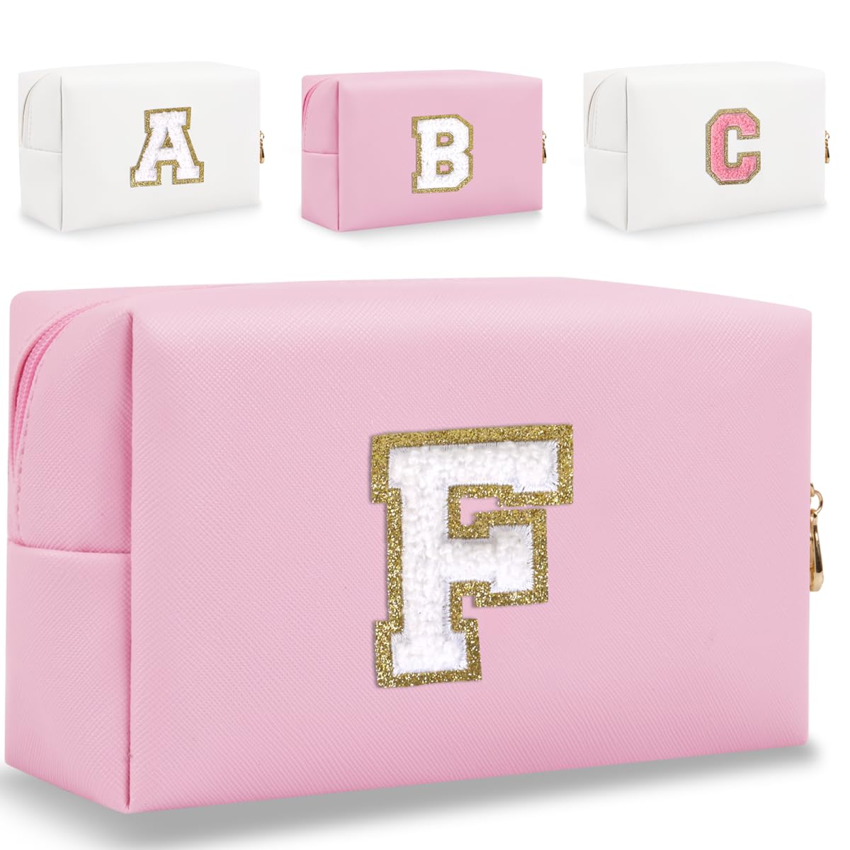 Small Personalized Letter Makeup Bag, Cute PU Leather Chenille Letters Cosmetic Bag Travel Makeup Pouch, Preppy Travel Organizer Zipper Pouch for Women&Girls（Pink-F）