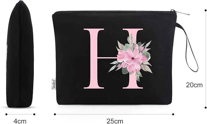 Vavabox A-Z Personalized Makeup Bag, Birthday Gifts for Women Mom, Gifts for Best Friend, Bride Bridesmaid Cosmetic bag (H, 02-Black)