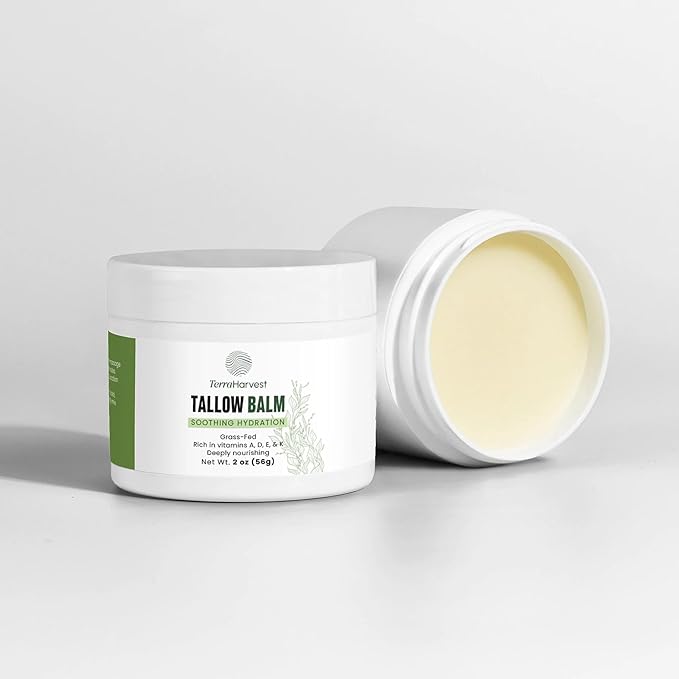 TERRAHARVEST Tallow Balm Soothing Hydration – Grass-Fed Beef Tallow Moisturizer with Olive & Jojoba Oil – Chemical-Free, Vitamin-Enriched Skincare with Essential Oil Aromatherapy – 2 oz