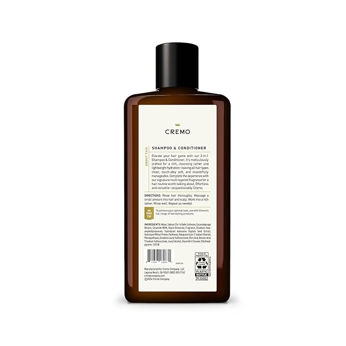 Cremo Bourbon & Oak 2-in-1 Shampoo & Conditioner, Barber Grade Quality That Moisturizes and Cleanses All Hair Types, 16 Fl Oz