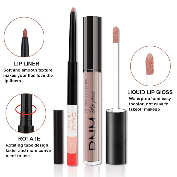 evpct 2Pcs Brick Red Neutral Nude Color Lip Liner and Matte Lipstick Makeup Sets Vegan Lipstick Lip Liner and Gloss Set Lip Stain Long Lasting Waterproof 24 hrs, 34#