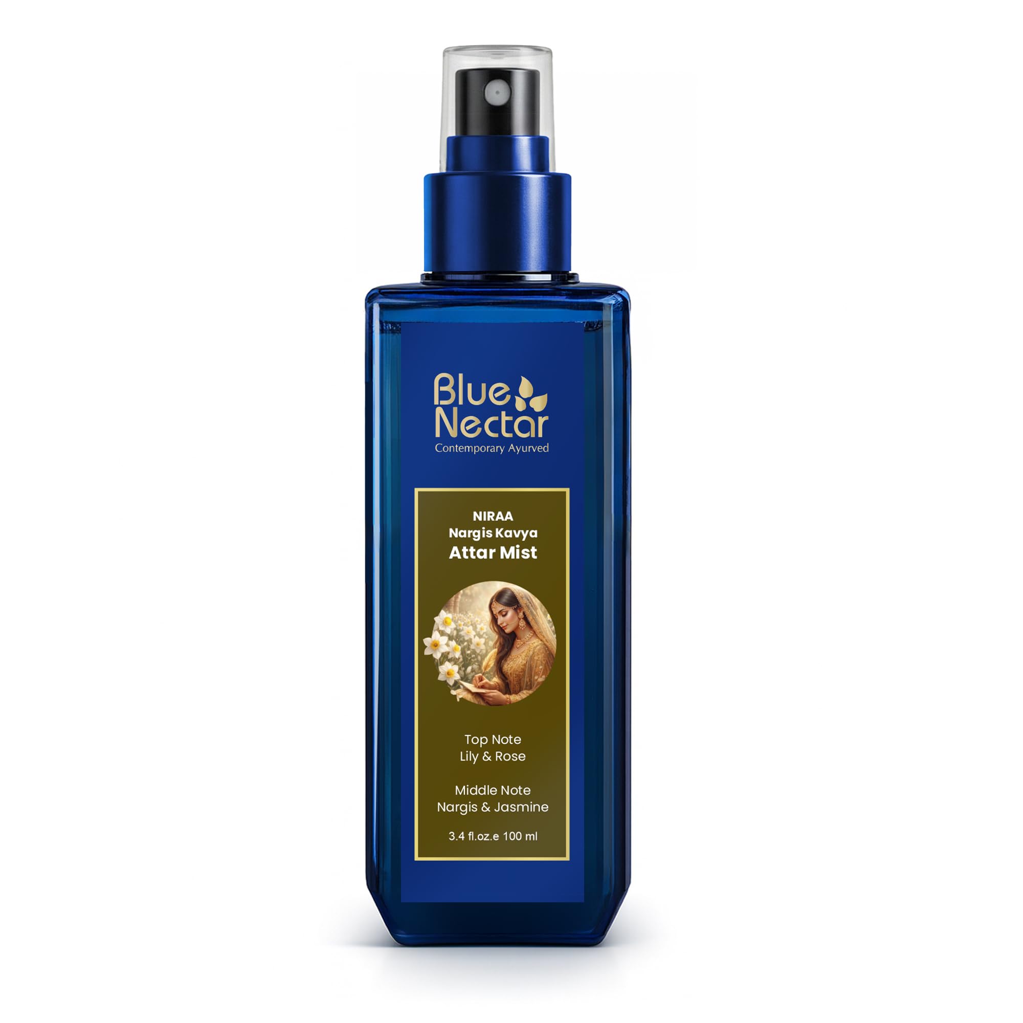 Blue Nectar Niraa Nargis Kavya Attar Mist | Perfume Mist for Women & Men | Long-Lasting Nargis Attar with Lily, Rose & Jasmine | Floral Body Mist Spray | Travel-Friendly (3.38 Fl Oz)