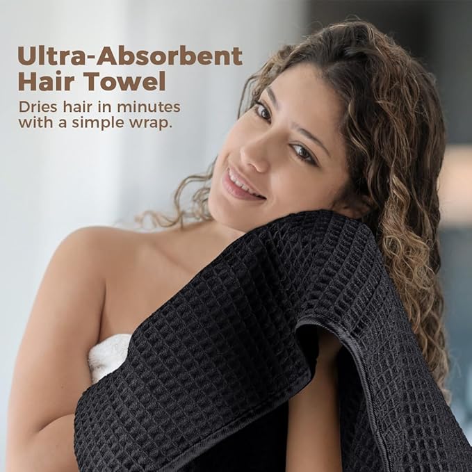 HOMEXCEL 2PK Microfiber Hair Towels Waffle Weave, 40x26.5 in, Fast Drying