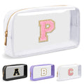 UIXIZQ Personalized Initial Letter Bag Boho Straw Clear Makeup Bag,Small Cute Chenille Varsity Letter Pouch With Zipper,Beach Travel Toiletry,Portable Monogrammed Cosmetic Bag for Women Girls,P