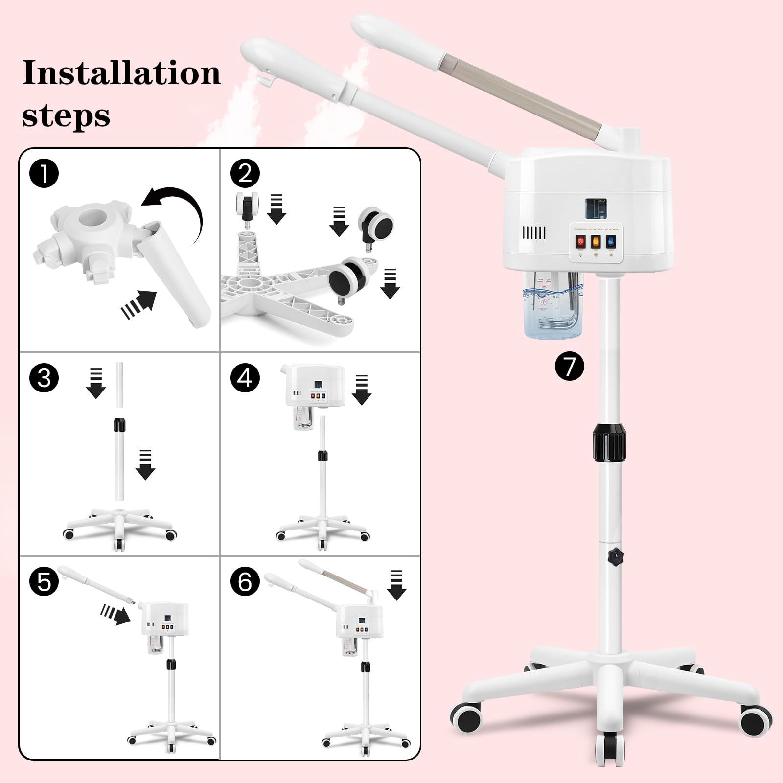 2 in 1 Hot & Cold Mist Facial Steamer, Professional Face Steamer on Wheels for Beauty Salon, Spa and Home Use