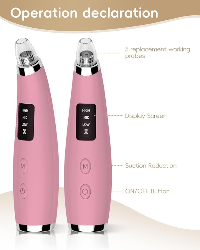 Blackhead Remover Pore Vacuum - Blackhead Remover for Face with 5 Attachments & 3 Suction Levels - Blackhead Vacuum removers for Women & Men (Matte Pink)
