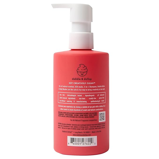 Dabble & Dollop Strawberry Kids 3-in-1 Body Wash, Shampoo & Bubble Bath – Tear-Free, Gentle, Natural-Origin, Hypoallergenic and Safe for Sensitive Skin (10 fl oz, Pack of 2)