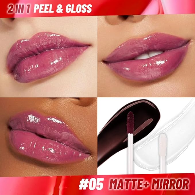 JUAAZIN Dark Raspberry Lip Stain Peel Off Lip liner and Lip oil with Tweezer, Dual-Ended Peel Off Lip Stain Tattoo, Highly Pigmented Long Lasting Waterproof, Transfer-proof for All Skin Types, 05#
