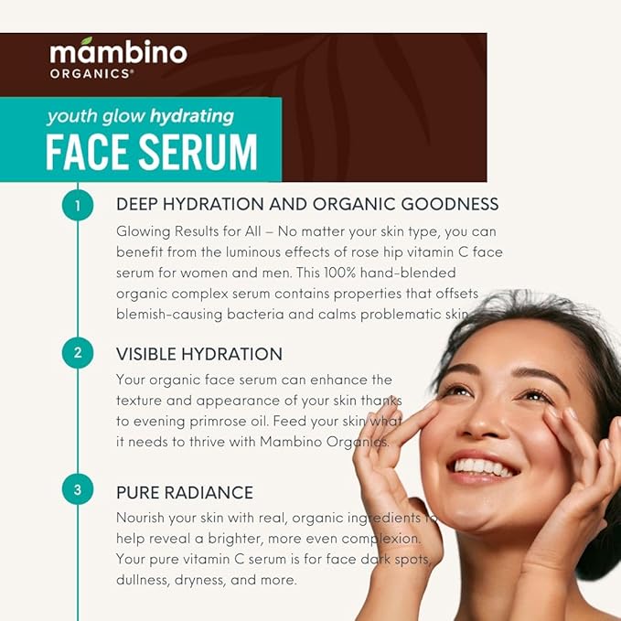 Mambino Organics Youth Glow Hydrating Serum, Vitamin C Face Serum with Marula, Rosehip Oil, Revitalizing Skin, Fades Dark Spots, Smooths Texture, Organic, Vegan, Skin Care, 1 fl oz