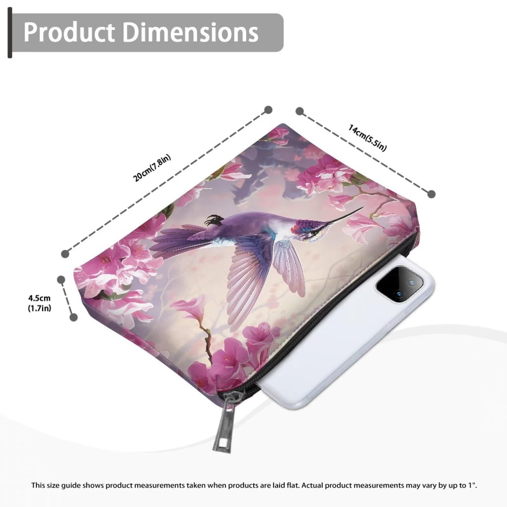COEQINE Pink Makeup Bag for Women Leather Cosmetic Wallet Pink Hummingbirds Floral Print Cosmetic Purse for Wedding Birthday Party Cute Portable Cell Phone Case