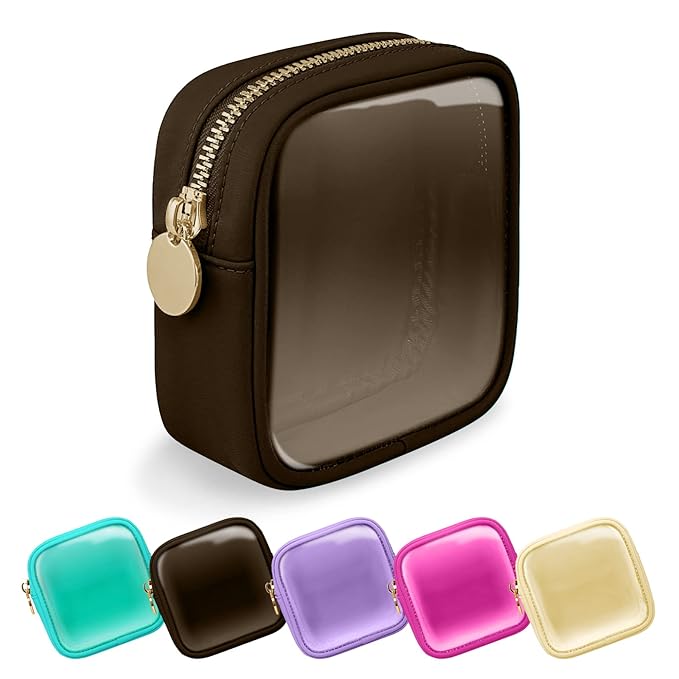 UIXIZQ Clear Mini Makeup Bag for Purse, Small Nylon&PVC Cosmetic Travel Bag TSA Approved Toiletry Bag with Zipper, Preppy Transparent Makeup Travel Bag Coin Purse for Women Men Girls(Mini-Chocolate)