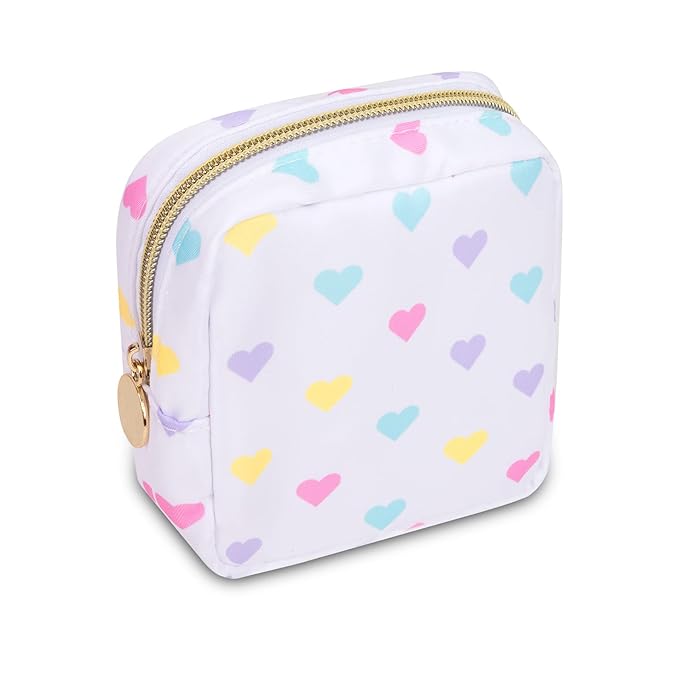 UIXIZQ Mini Makeup Pouch for Purse, Nylon Travel Toiletry Organizers Small Cosmetic Bag for Women Girl, Checkered Cute Zipper Coin Purse Preppy Storage Bag for School Work(Mini-White Heart)