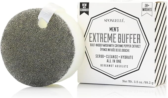 Spongellé Men's Extreme Buffer, Bergamot Absolute | 20+ Washes | Body Wash Infused Exfoliating Body Scrubber | Loofah Sponge For Men | Gift for Father's Day, Vegan, Dermatologist-Tested, Made in USA