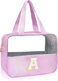 Personalized Initial A Clear Purple Makeup Bag - Large Travel Toiletry Bag, Cute Cosmetic Organizer Set for Girlfriend, Teacher, Teen Girl Gifts